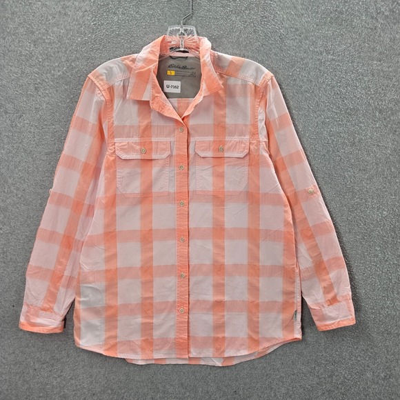 Eddie Bauer Travex Women Top Small Orange Plaid Nylon Button Up Collar Mesh Vent - Picture 1 of 10